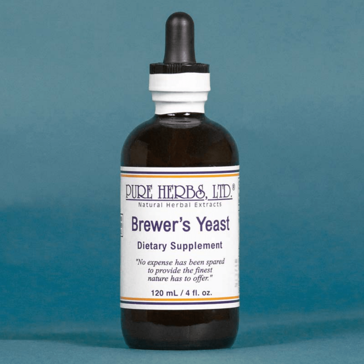 A 120 mL amber glass dropper bottle of Pure Herbs, Ltd. Brewer's Yeast dietary supplement, set against a solid slate blue background.