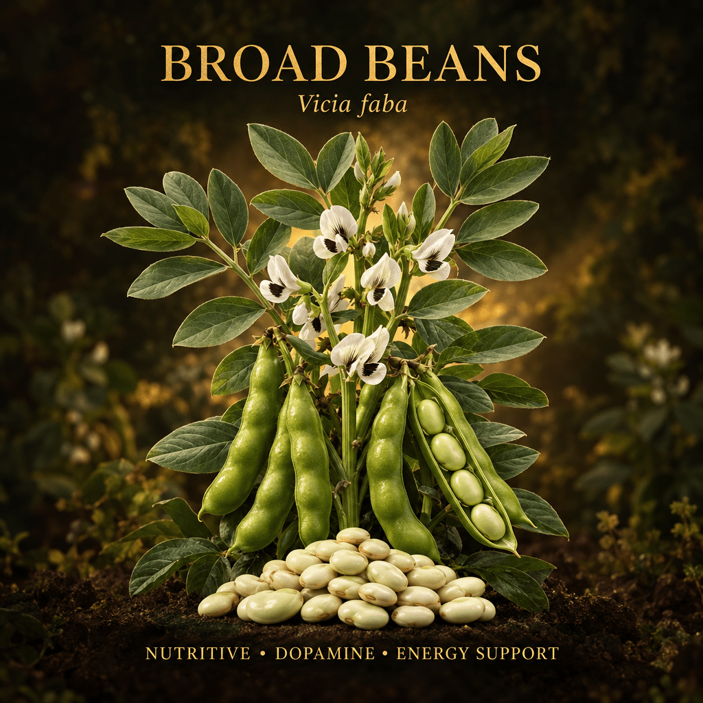 Broad beans botanical editorial image with gold serif text