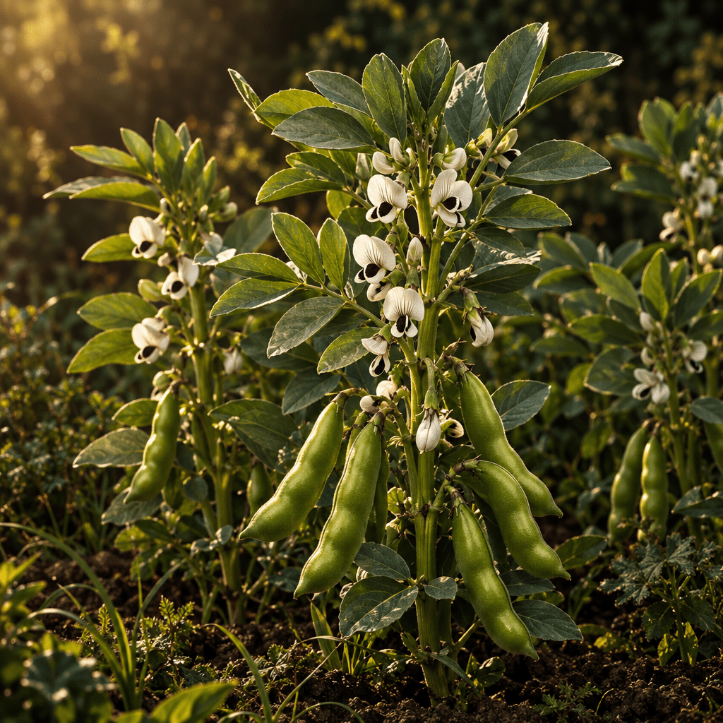 Broad beans growing naturally in a moody garden
