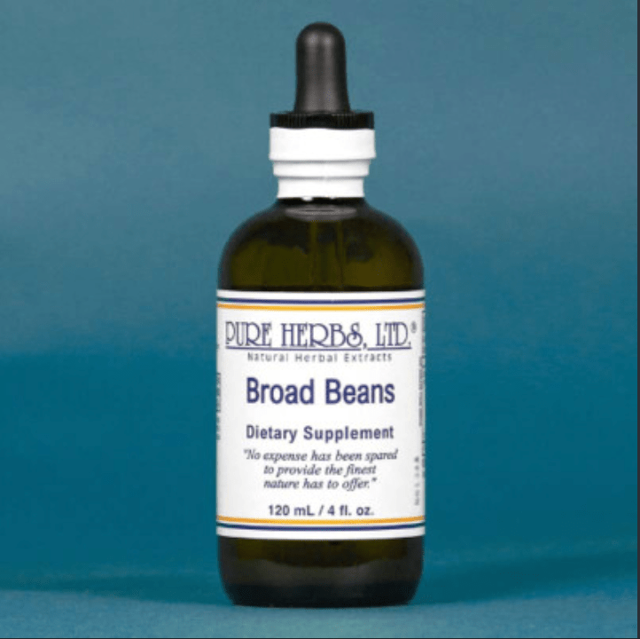 A 120 mL amber glass dropper bottle of Pure Herbs Ltd. Broad Beans dietary supplement, featuring a white label with blue text and a black dropper cap, set against a solid teal-blue background.