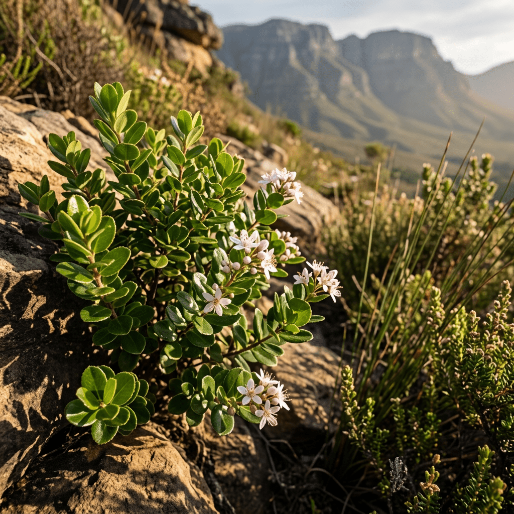 Buchu growing on a South African fynbos slope