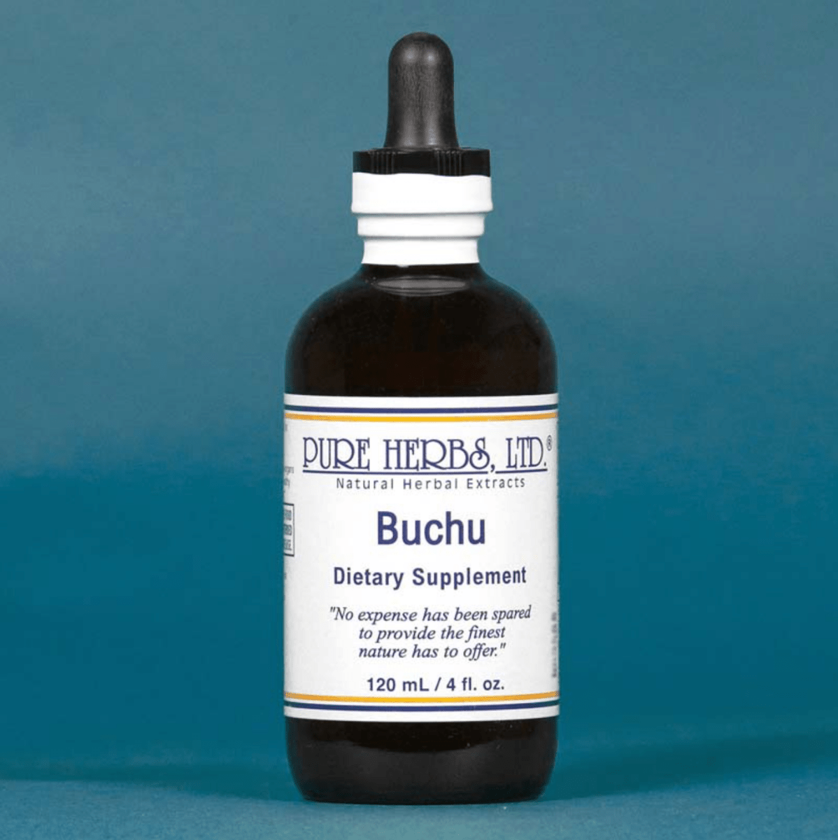 A bottle of Pure Herbs Ltd. Buchu dietary supplement, featuring a dark amber glass bottle with a white label and a black dropper cap, set against a solid blue background.