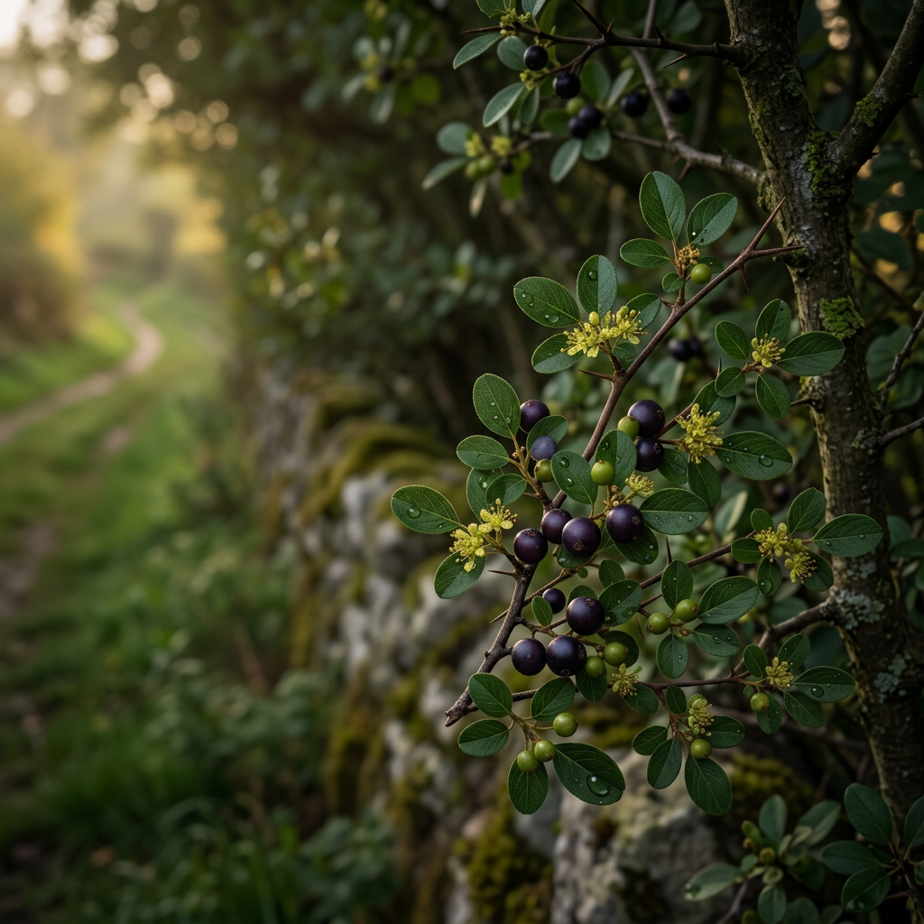Buckthorn growing along a golden-lit hedgerow