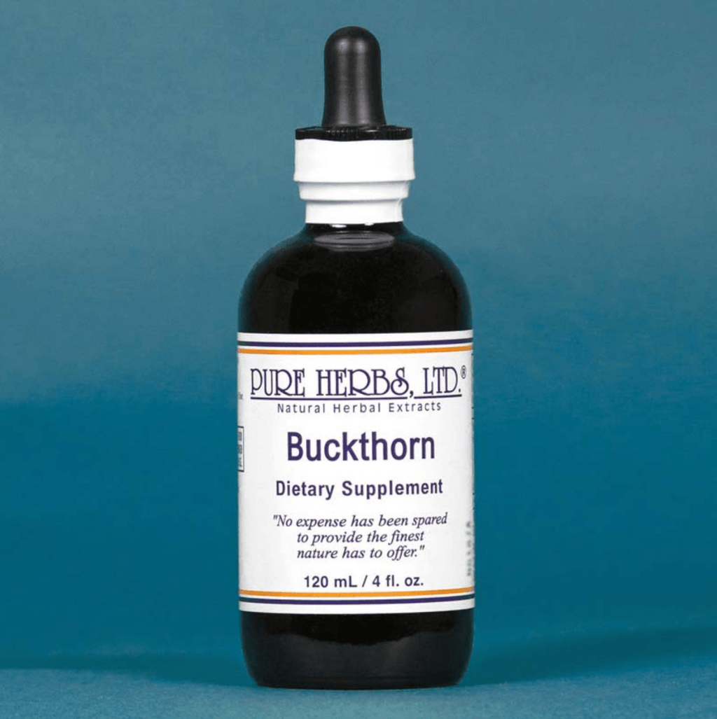 A bottle of Pure Herbs Ltd. Buckthorn dietary supplement, featuring a dark amber glass bottle with a black dropper cap and a white label, set against a solid blue background.
