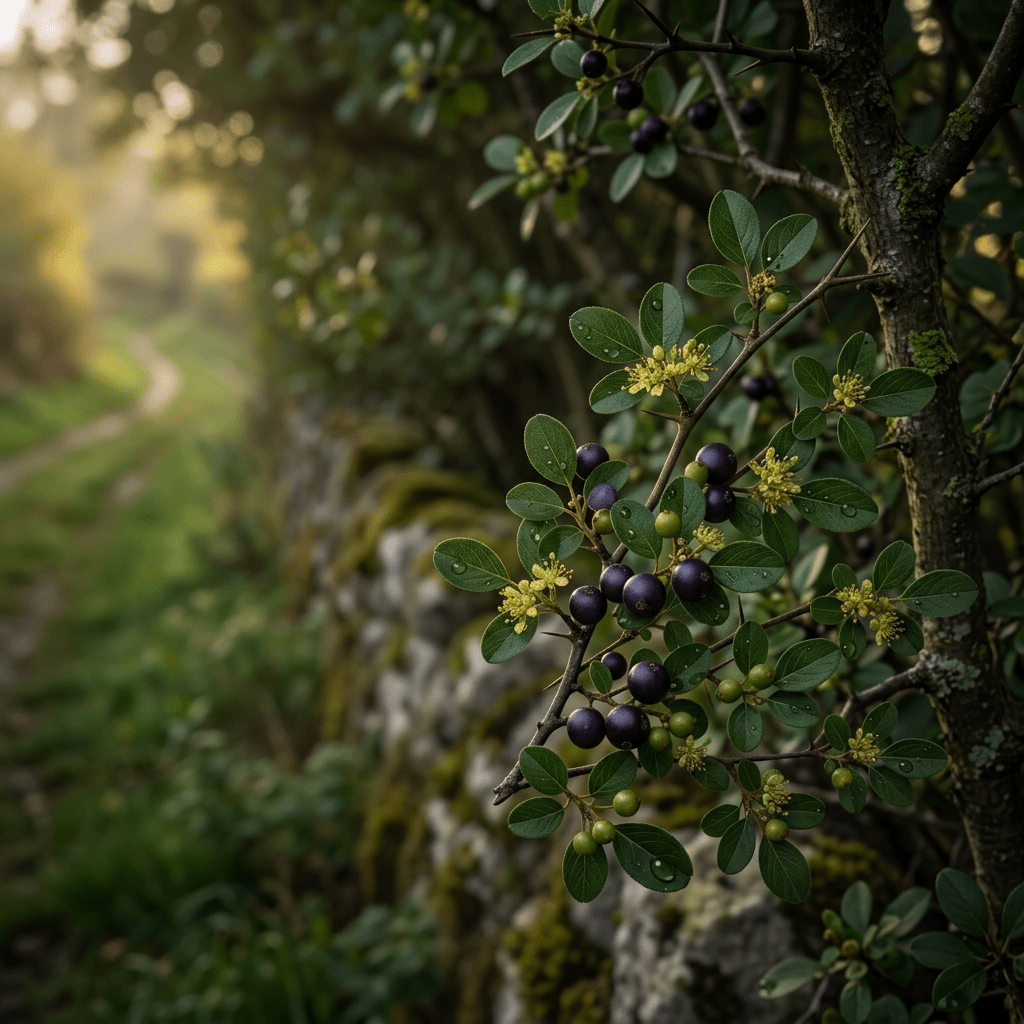 Buckthorn growing along a golden-lit hedgerow