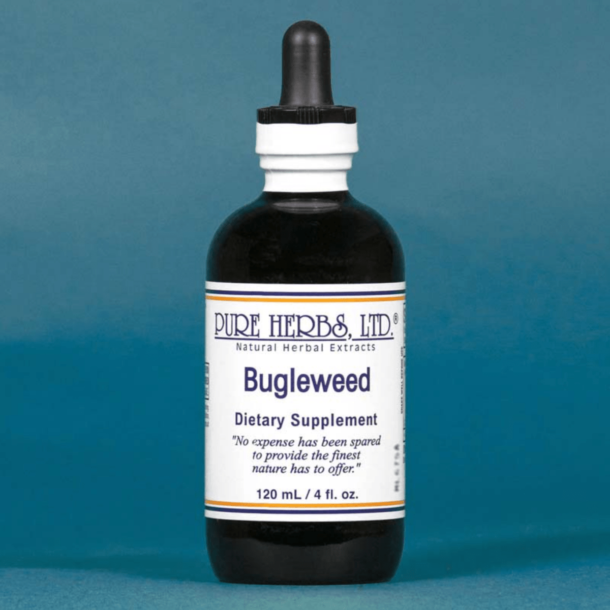 A bottle of Pure Herbs Ltd. Bugleweed Dietary Supplement, featuring a dark amber glass bottle with a black dropper cap and a white label, set against a solid teal-blue background.