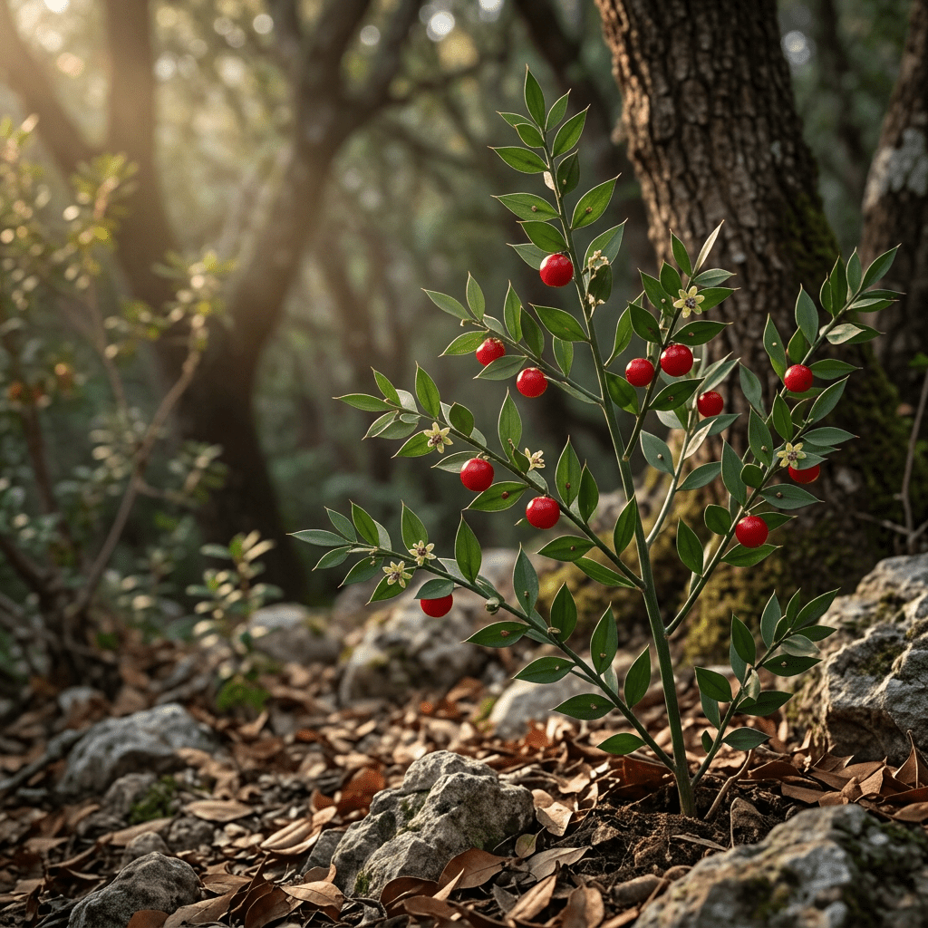 Butcher’s broom growing beneath a Mediterranean oak