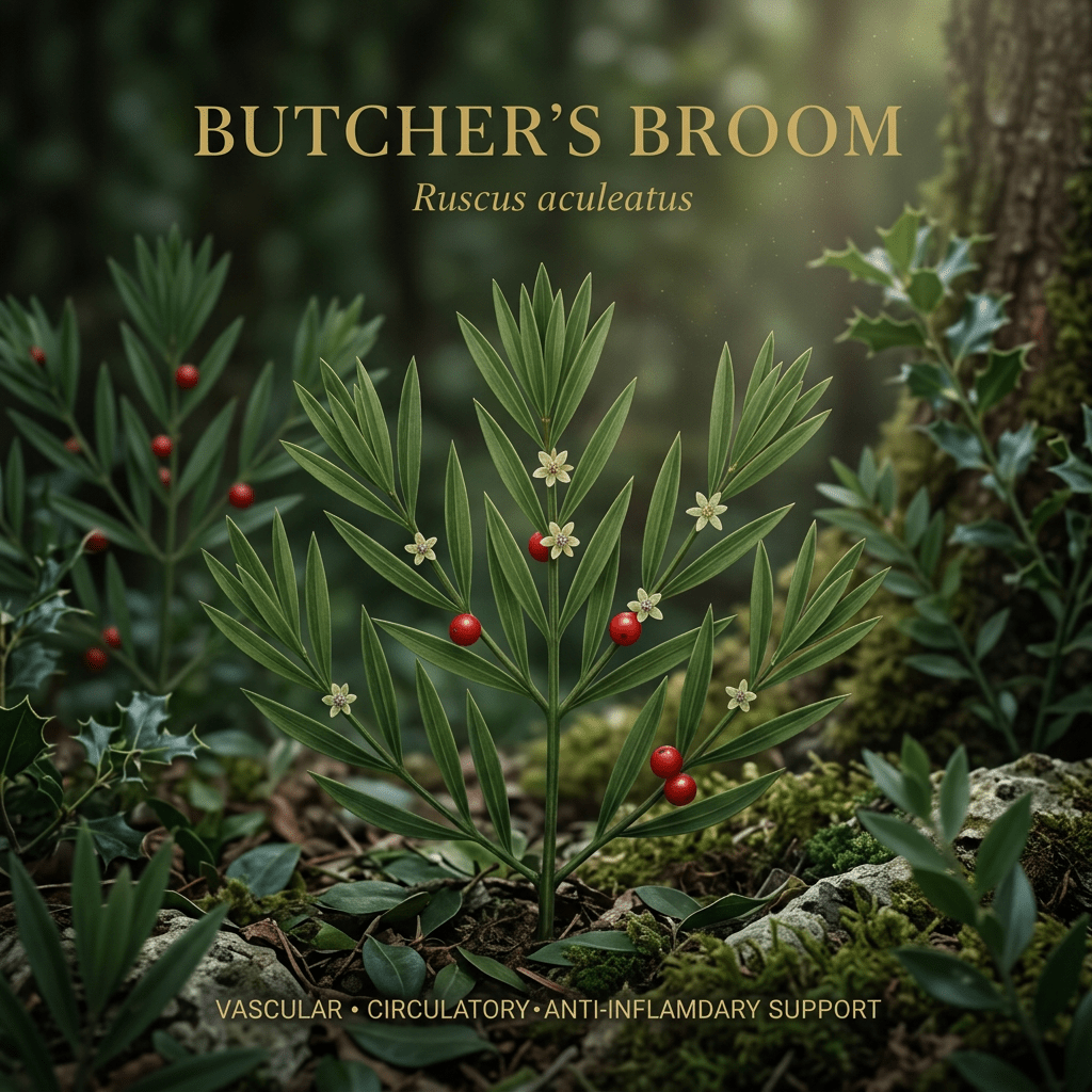 Butcher’s broom editorial image in golden woodland light