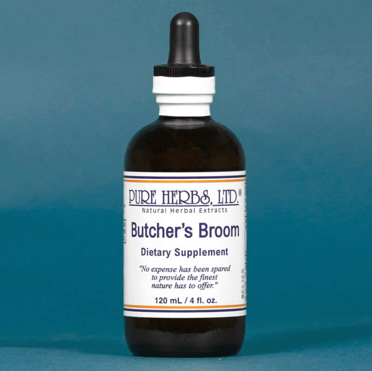 A 120 mL amber glass dropper bottle of Pure Herbs Ltd. 'Butcher's Broom' dietary supplement, set against a solid teal-blue background.