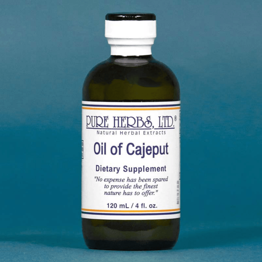 A 120 mL bottle of Pure Herbs, Ltd. Oil of Caj Jeput dietary supplement, featuring a white label and black cap, set against a solid blue background.
