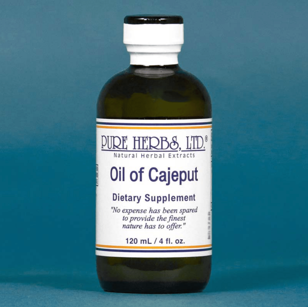 A 120 mL bottle of Pure Herbs, Ltd. Oil of Caj Jeput dietary supplement, featuring a white label and black cap, set against a solid blue background.