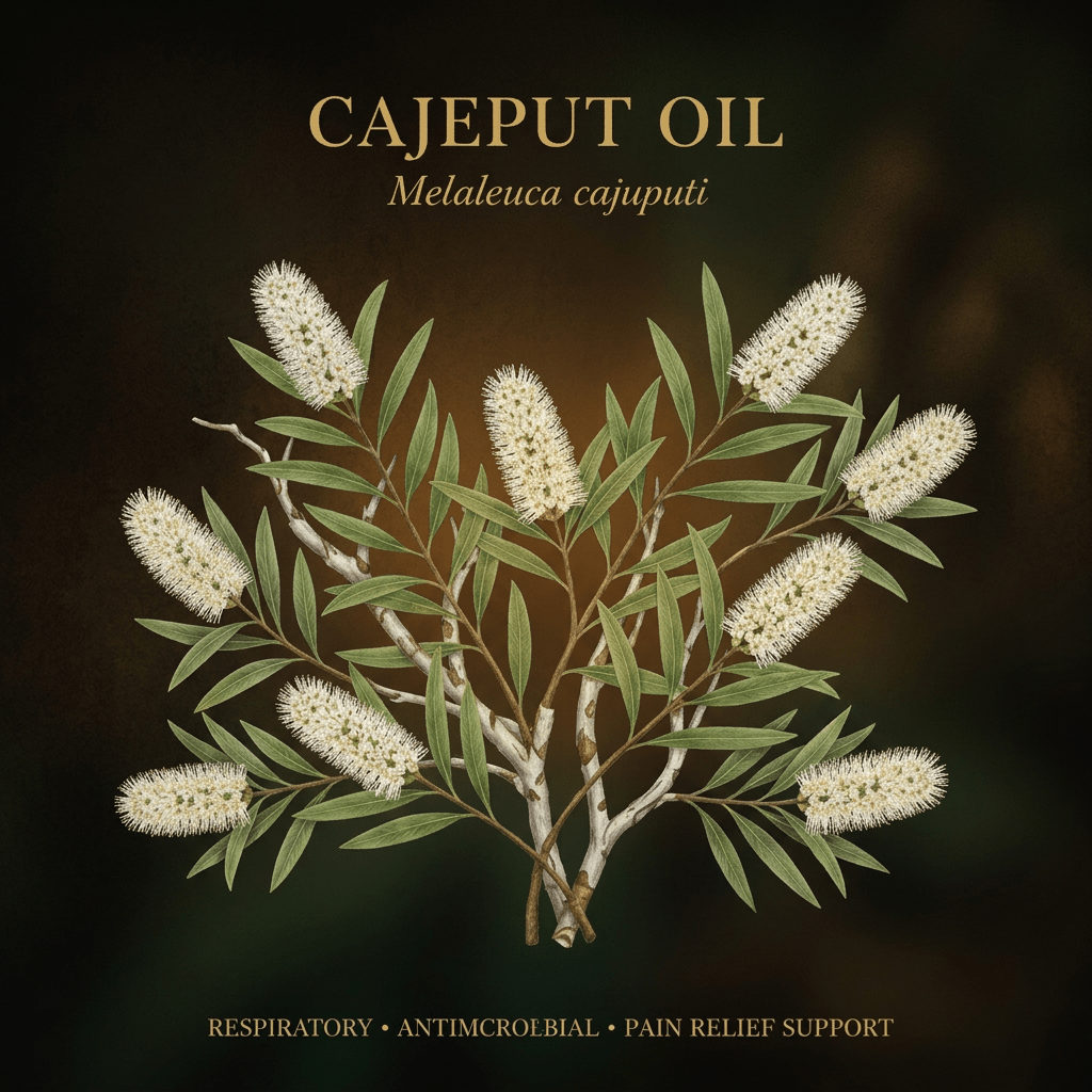 Cajeput oil botanical editorial image with gold serif text