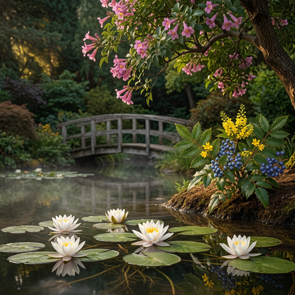 CAN-SOL botanicals around a sheltered garden pond