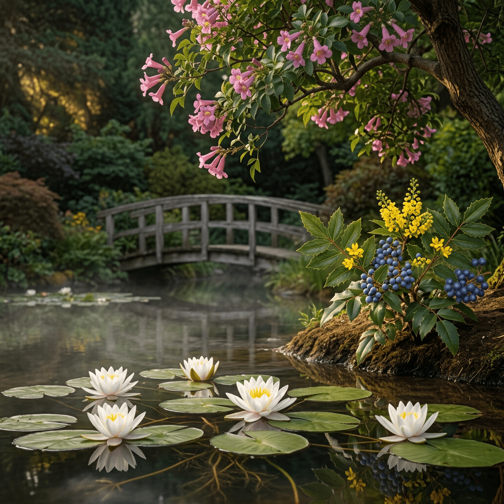 CAN-SOL botanicals around a sheltered garden pond