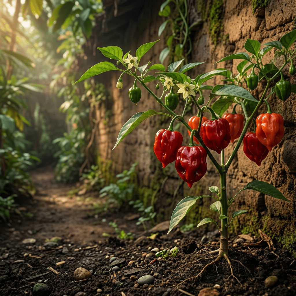 Red habaneros growing in a tropical garden