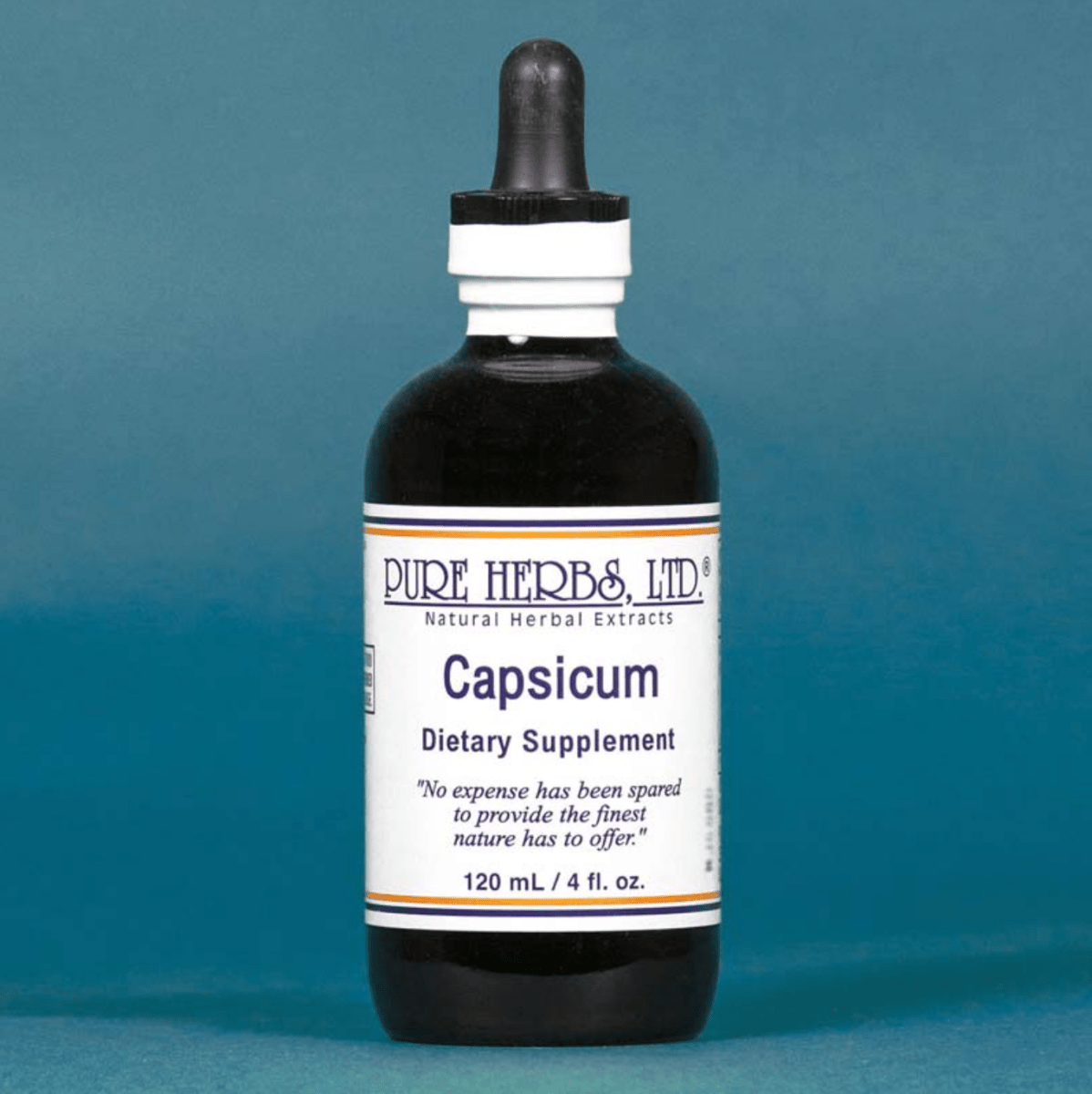 A 120 mL bottle of Pure Herbs Ltd. Capsicum dietary supplement, featuring a black glass bottle with a white label and a black dropper cap, set against a solid teal-blue background.