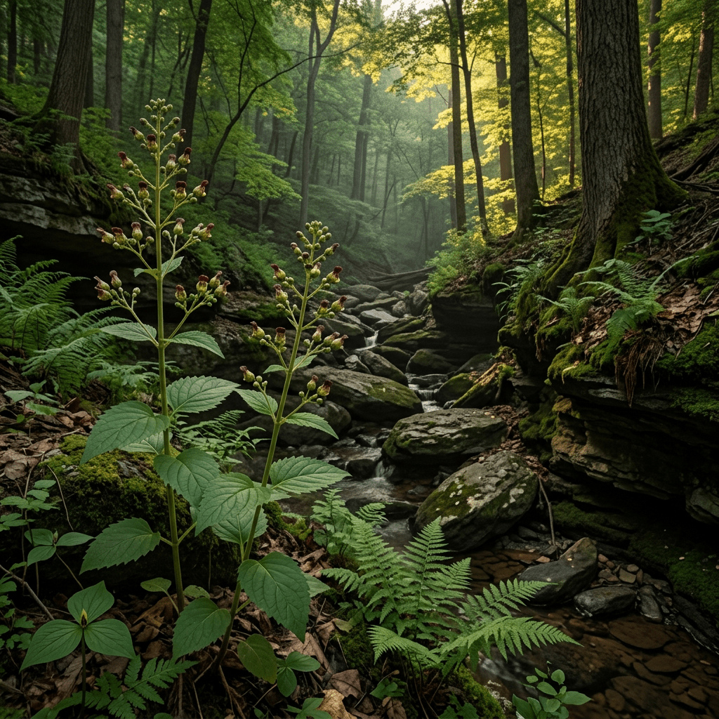 Carpenter’s square growing beside a shaded rocky ravine