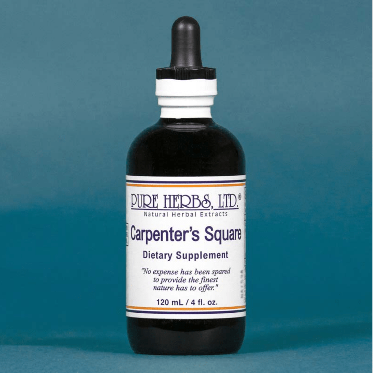 A bottle of Pure Herbs, Ltd. Carpenter's Square dietary supplement, featuring a dark amber glass bottle with a black dropper cap and a white label, set against a solid blue background.