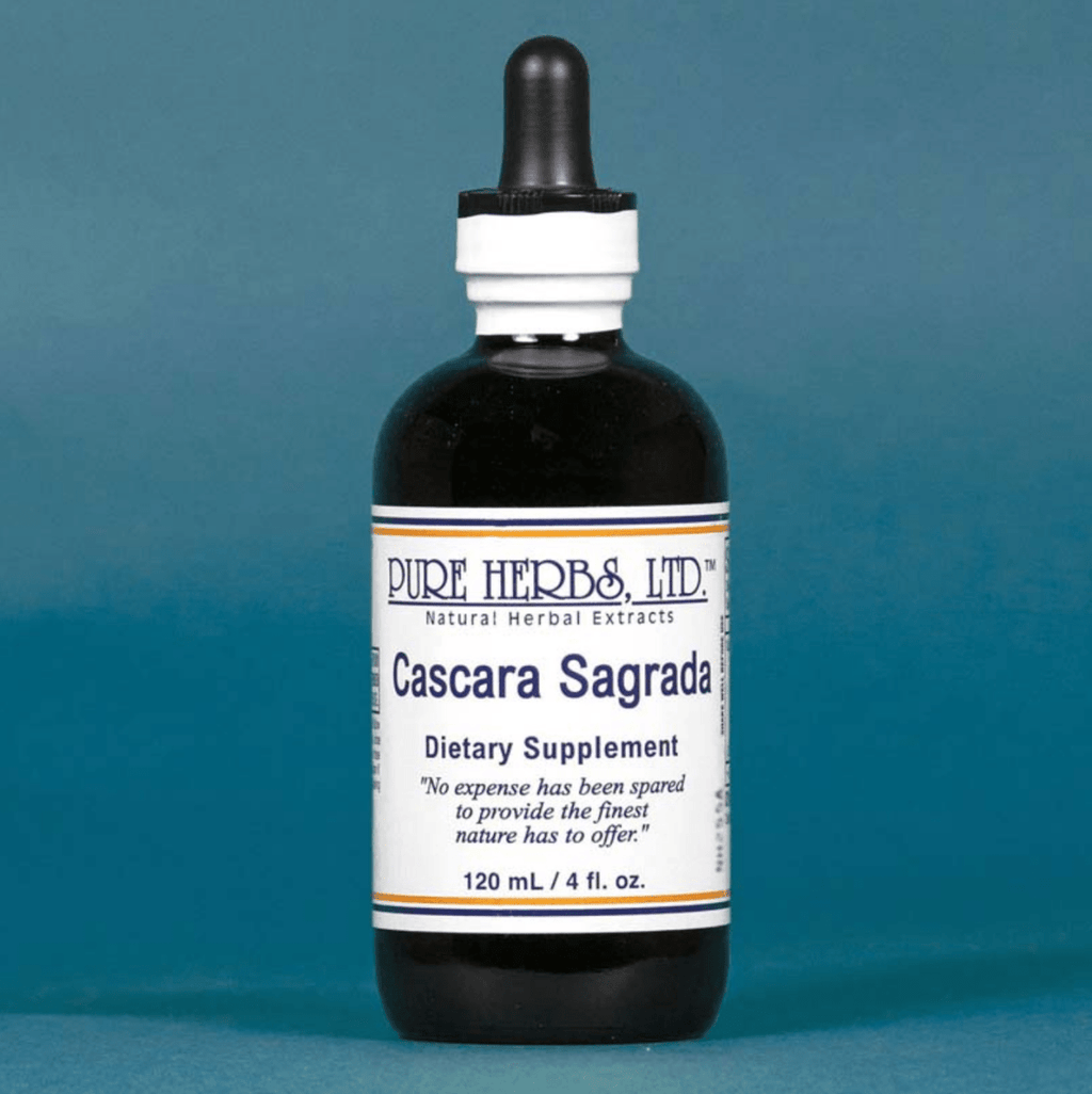 A bottle of Pure Herbs, Ltd. Cascara Sagrada dietary supplement, featuring a dark amber glass bottle with a black dropper cap and a white label, set against a solid blue background.
