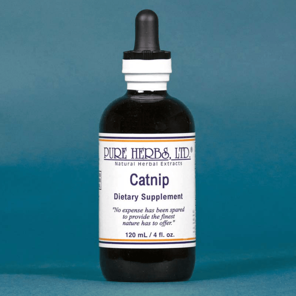 A 120 mL dark amber glass dropper bottle of Pure Herbs, Ltd. Catnip Dietary Supplement, set against a solid slate blue background.