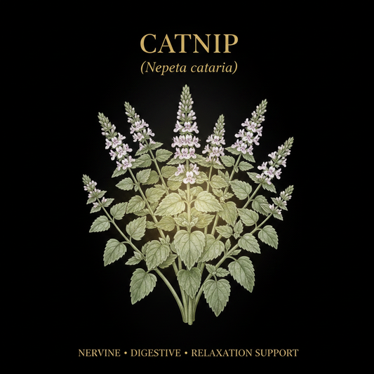 Catnip (Nepeta cataria) botanical illustration — downy silvery-green heart-shaped leaves, white flower spikes with purple spots, and square stems on black background. Nervine • Digestive • Relaxation Support.