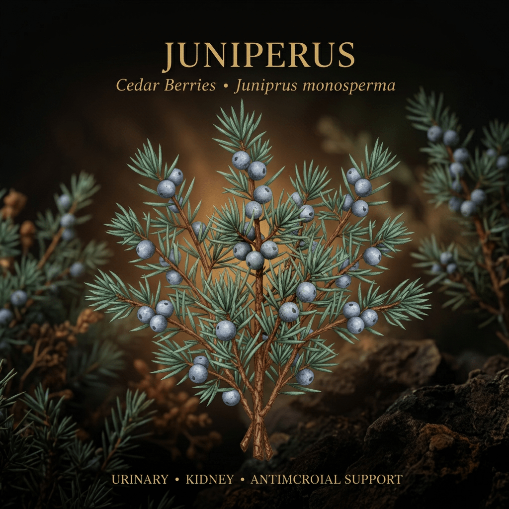 Cedar berries botanical editorial image with gold serif text