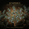 Cedar berries botanical editorial image with gold serif text