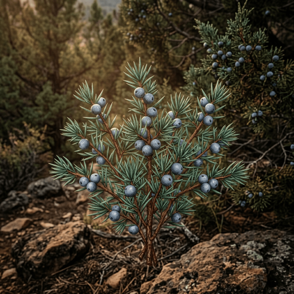 Juniper growing naturally in a moody rocky woodland