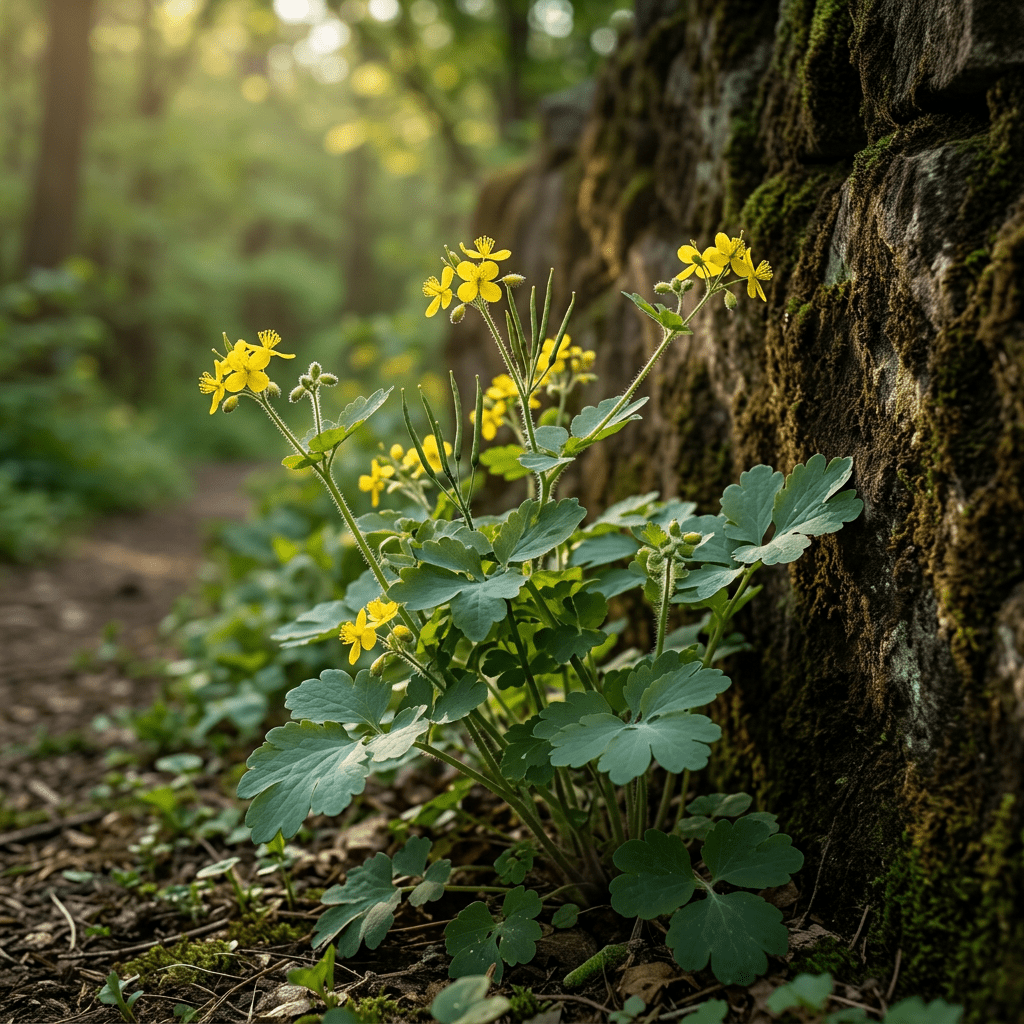 Celandine growing beside a shaded stone wall