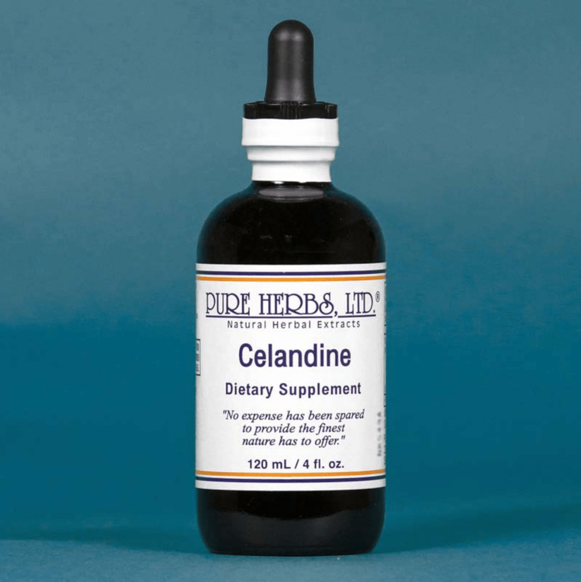 A bottle of Pure Herbs, Ltd. Celandine dietary supplement, featuring a dark amber glass bottle with a black dropper cap and a white label, set against a solid teal-blue background.