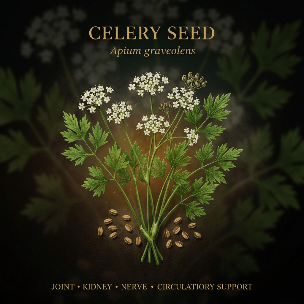 Celery seed botanical editorial image with gold serif text