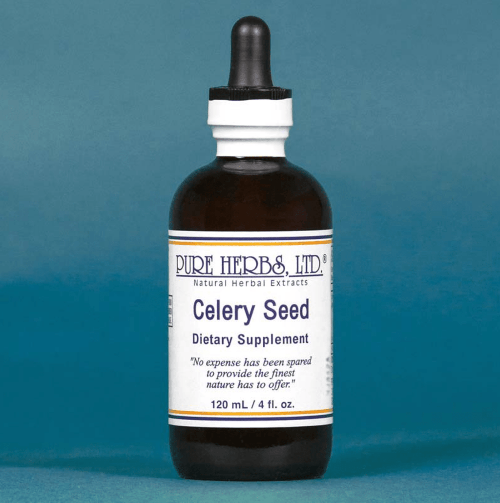 A bottle of Pure Herbs Ltd. Celery Seed dietary supplement, featuring an amber glass bottle with a white and black dropper cap, set against a solid teal-blue background.