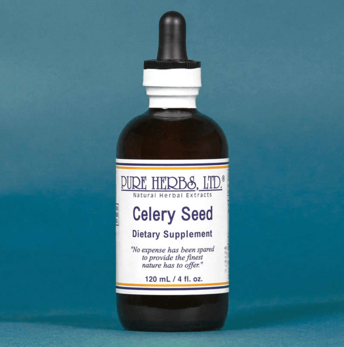 A bottle of Pure Herbs Ltd. Celery Seed dietary supplement, featuring an amber glass bottle with a white and black dropper cap, set against a solid teal-blue background.