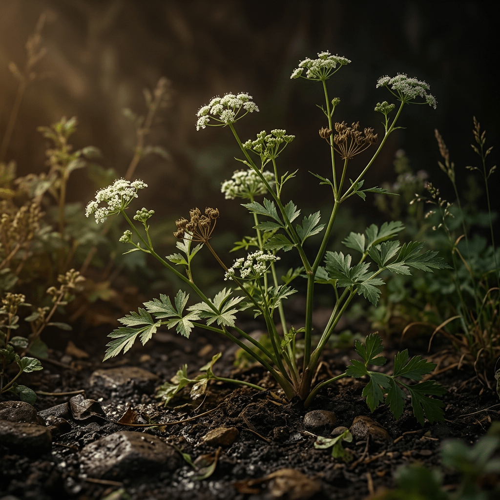 Flowering celery growing naturally in a moody herb garden