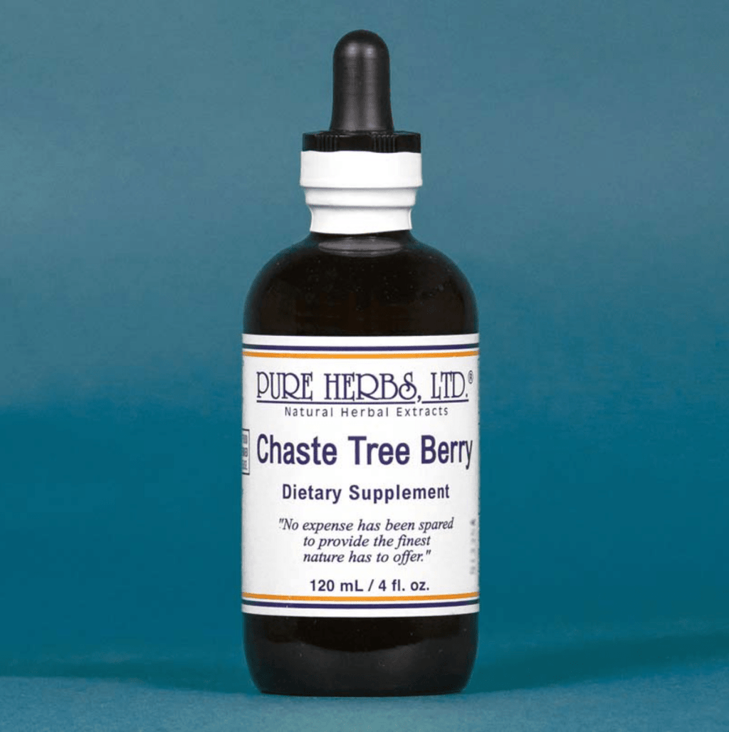 A 120 mL amber glass dropper bottle of Pure Herbs Ltd Chaste Tree Berry dietary supplement, set against a solid teal-blue background.