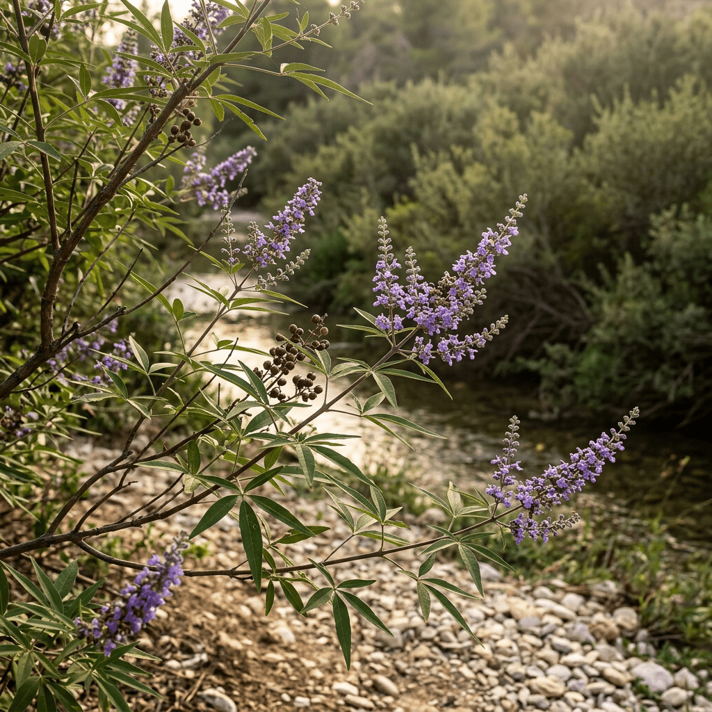 Chaste tree growing beside a Mediterranean stream