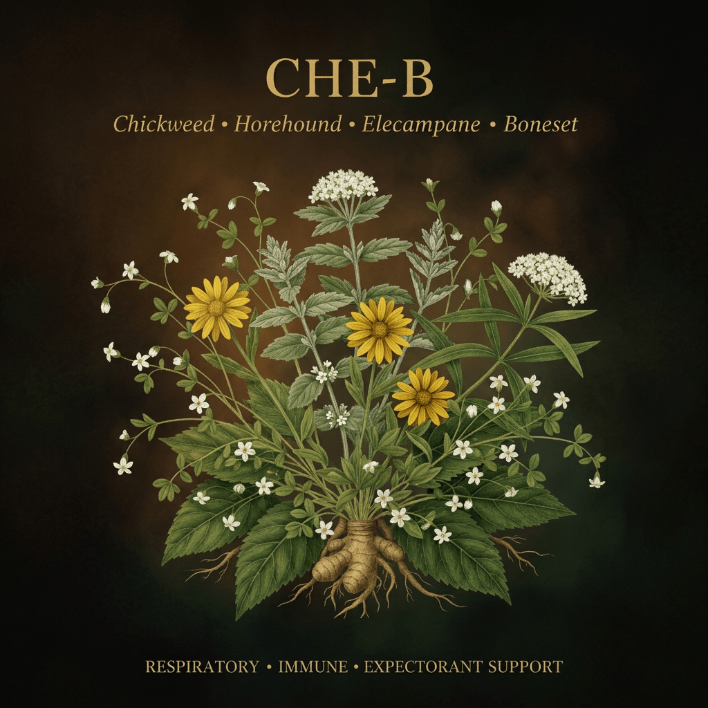 CHE-B botanical editorial image with gold serif text