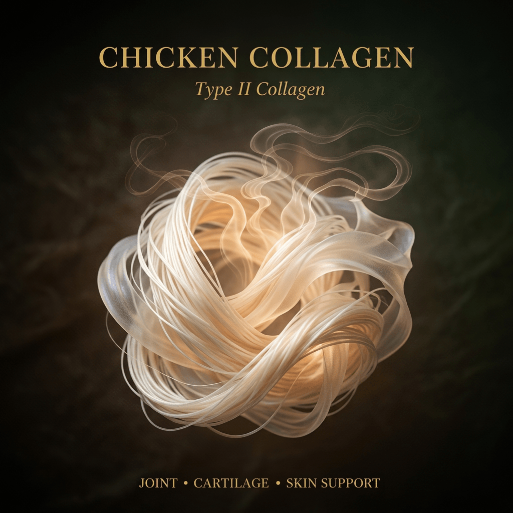 Chicken Collagen editorial artwork with ivory fibers and gold serif text