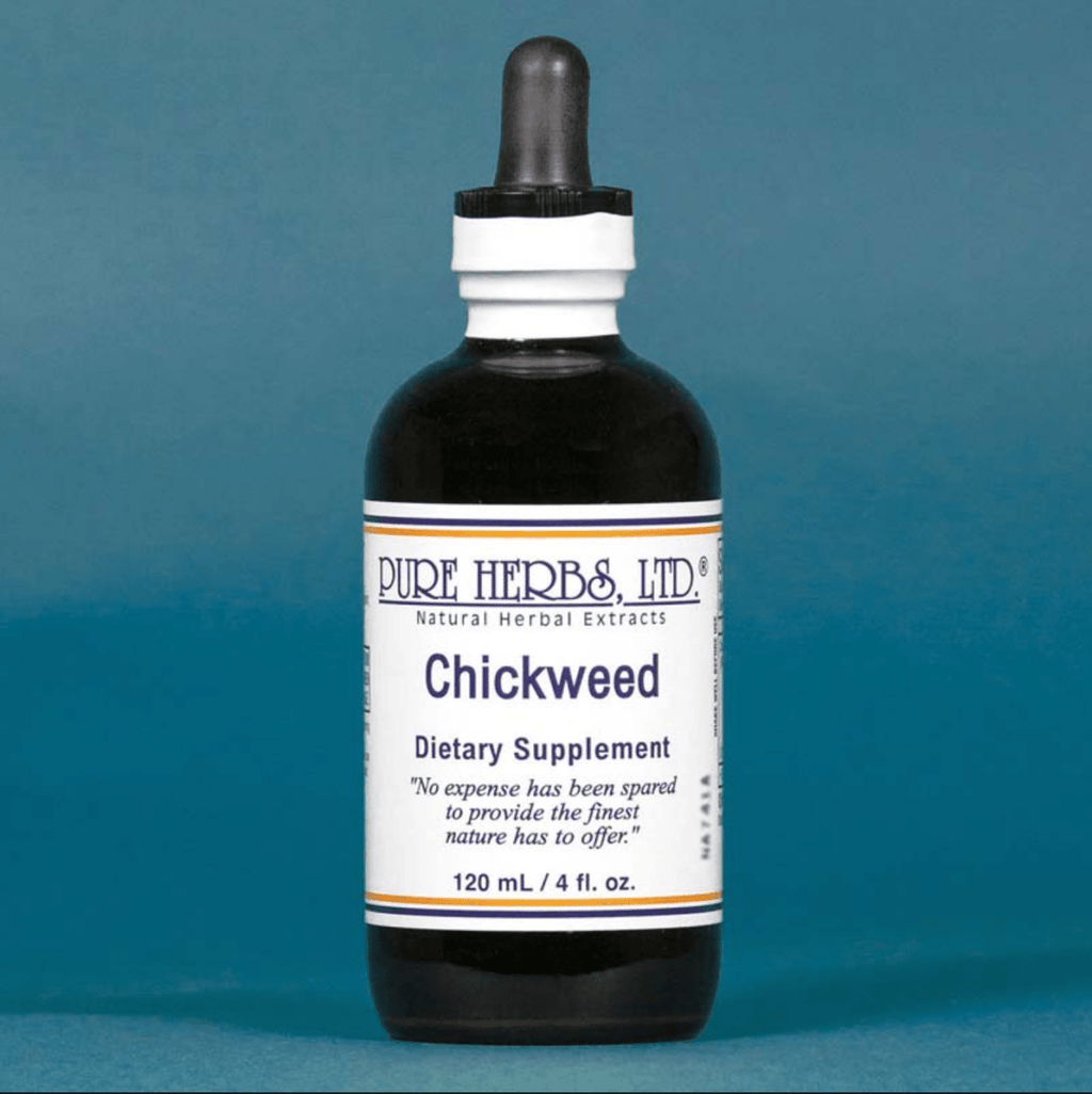 A 120 mL bottle of Pure Herbs Ltd. Chickweed dietary supplement, featuring a dark amber glass bottle, white label, and black dropper cap, set against a solid blue background.