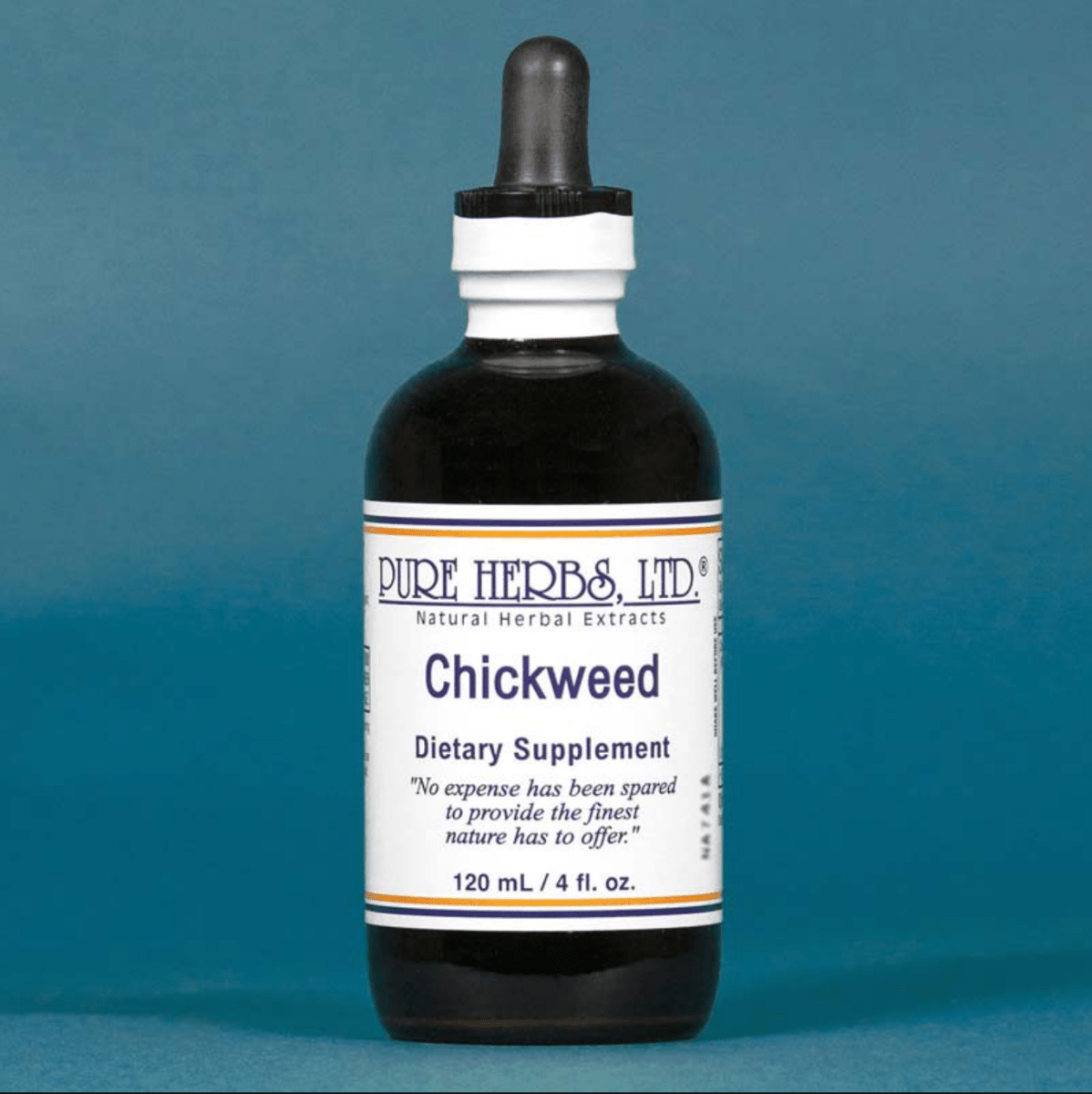 A 120 mL bottle of Pure Herbs Ltd. Chickweed dietary supplement, featuring a dark amber glass bottle, white label, and black dropper cap, set against a solid blue background.