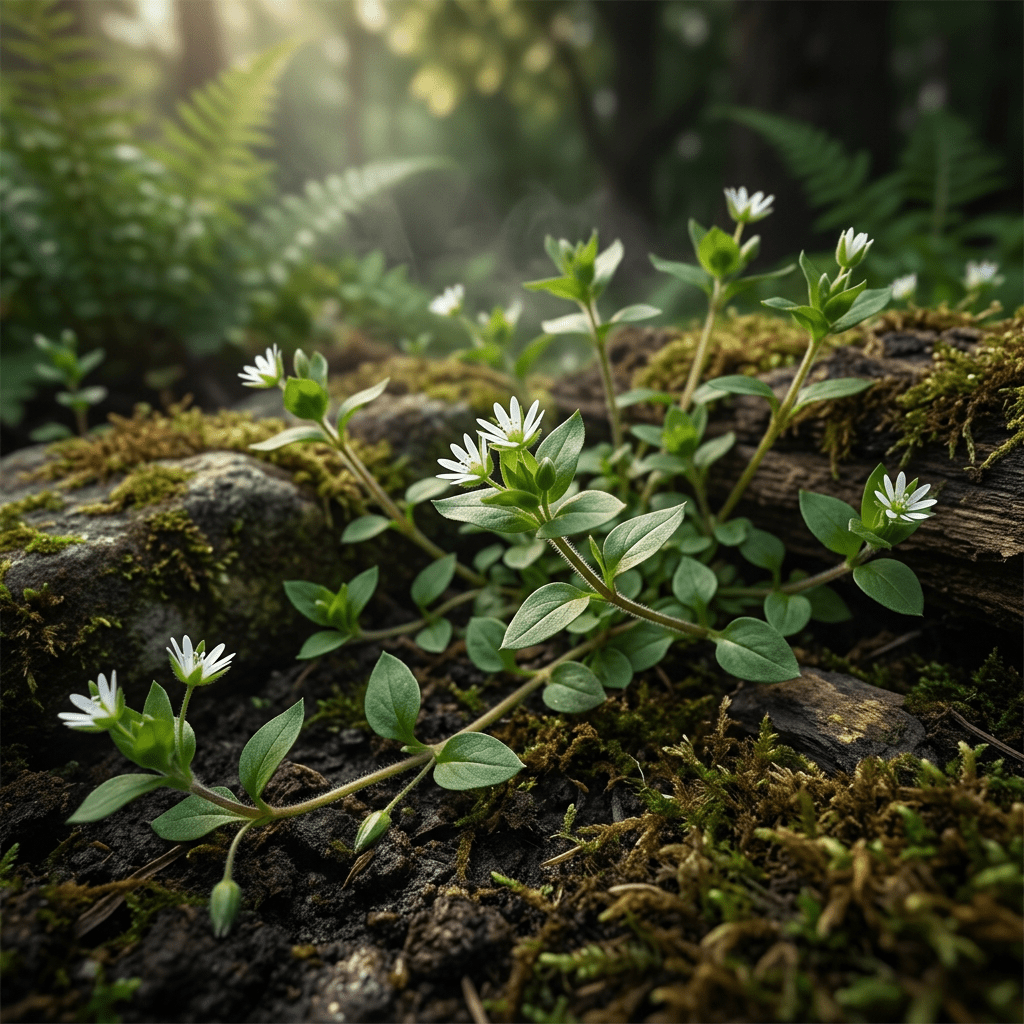 Chickweed spreading between mossy garden stones