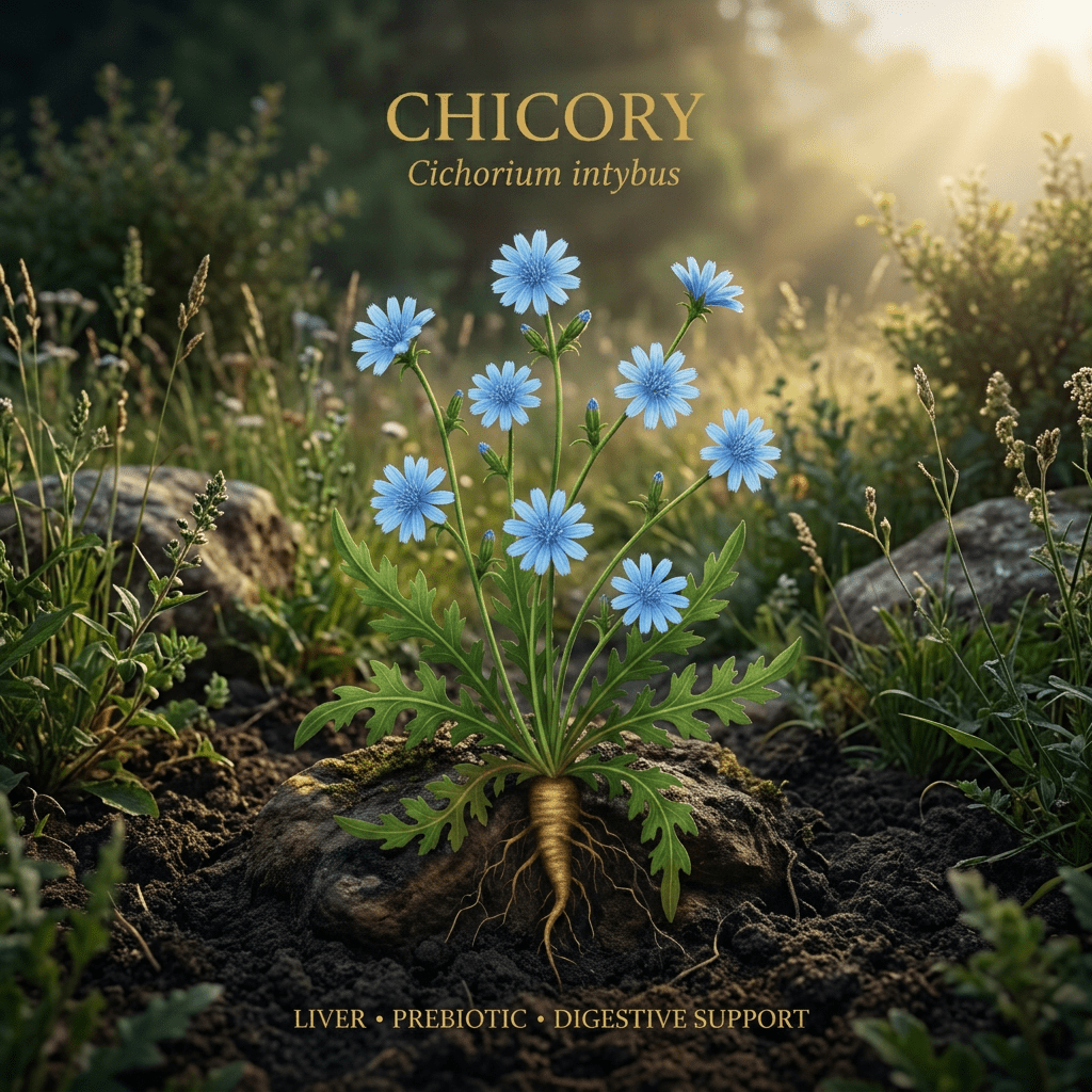 Chicory editorial image in golden botanical light