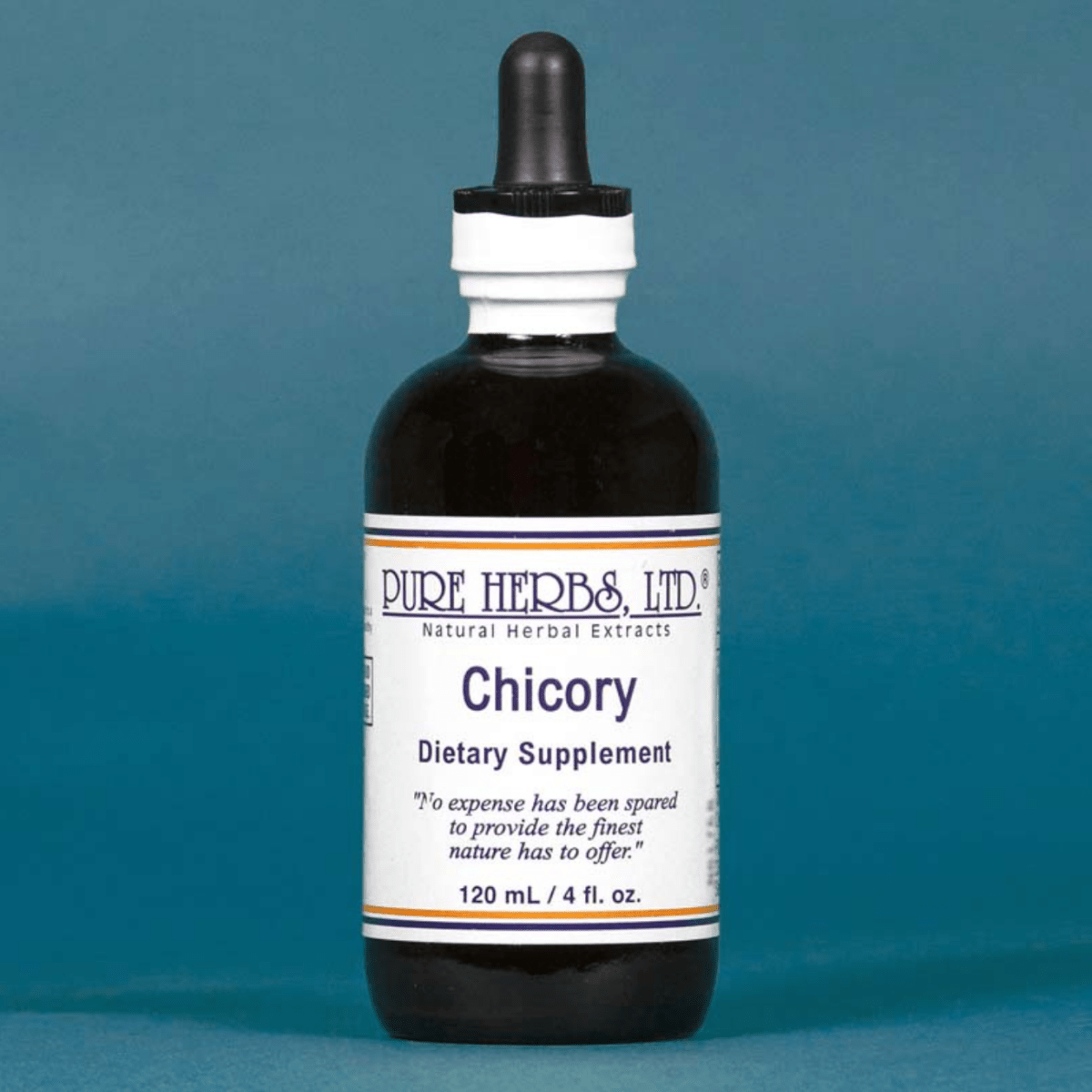 A 120 mL bottle of Chicory dietary supplement by Pure Herbs Ltd. The bottle is made of dark amber glass with a white label and a black dropper cap, set against a solid teal-blue background.