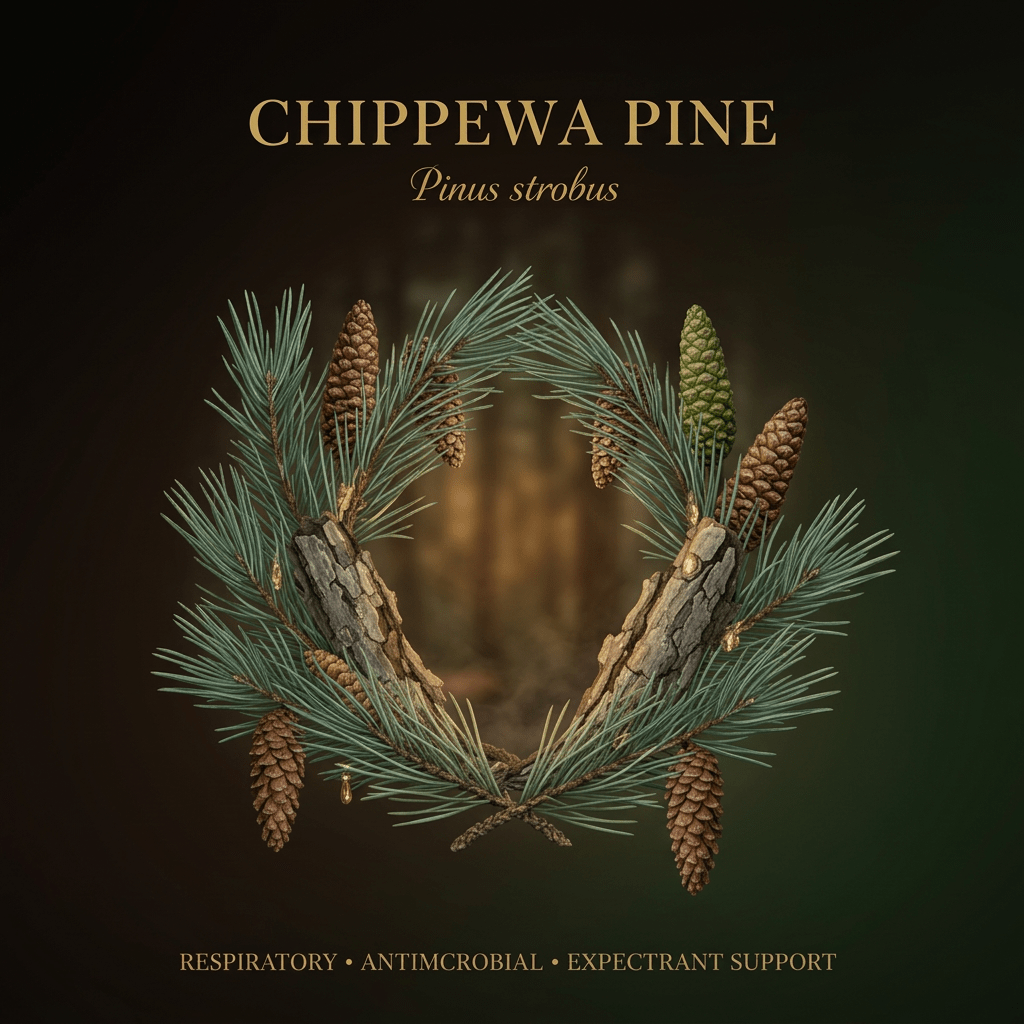 Chippewa pine botanical editorial image with gold serif text
