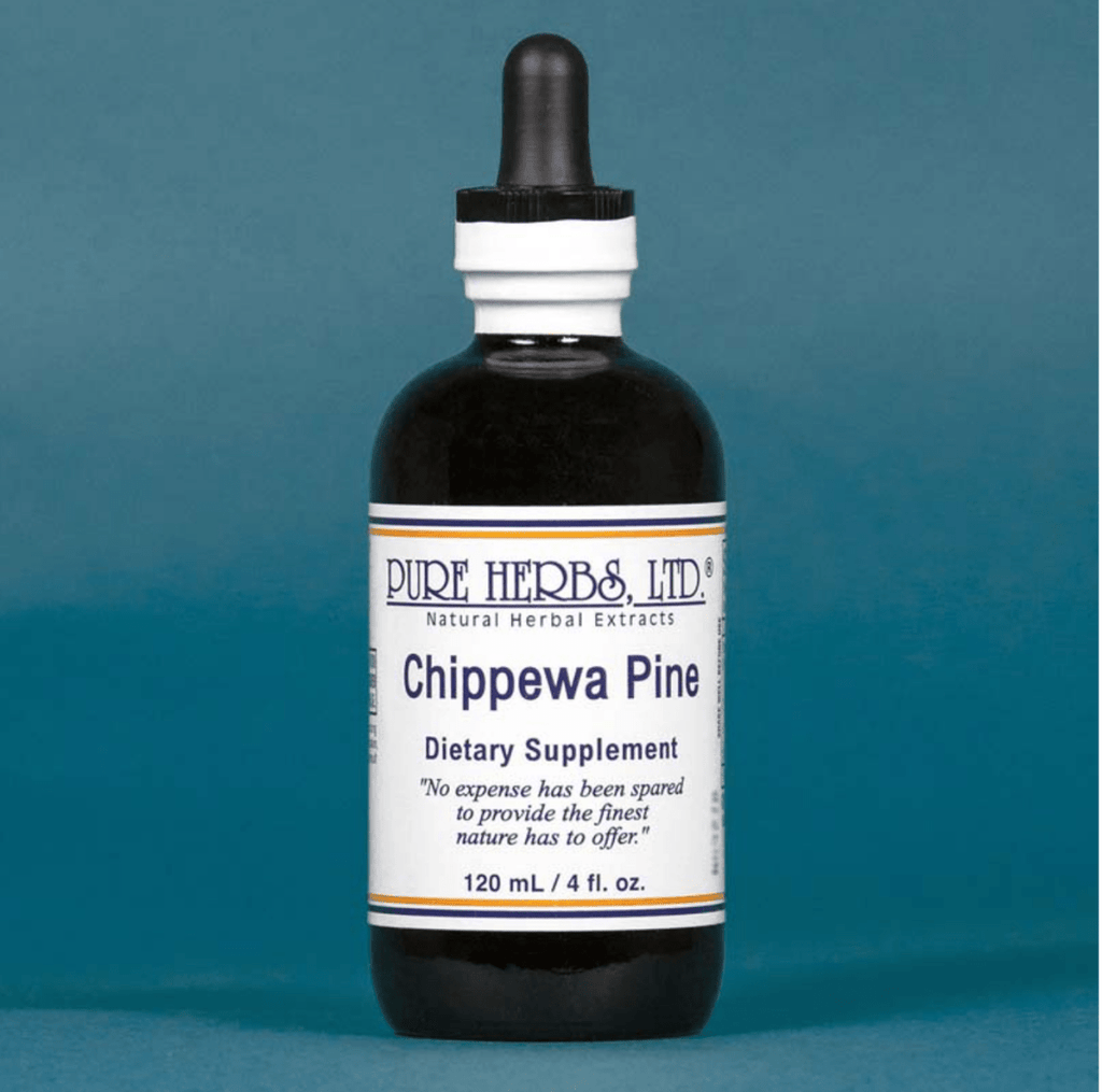 A dark amber glass bottle of Pure Herbs Ltd. Chippewa Pine dietary supplement with a white label and black dropper cap, set against a solid teal-blue background.