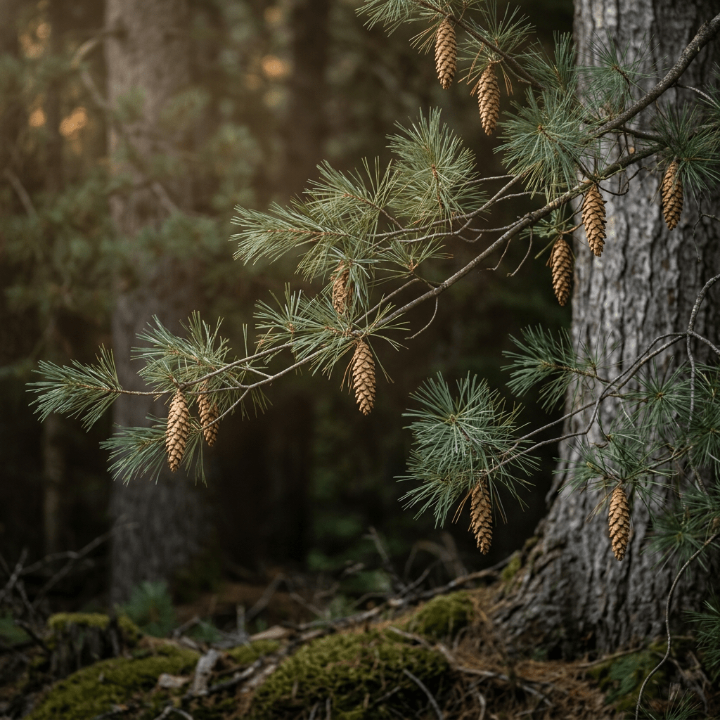 White pine growing naturally in a moody woodland