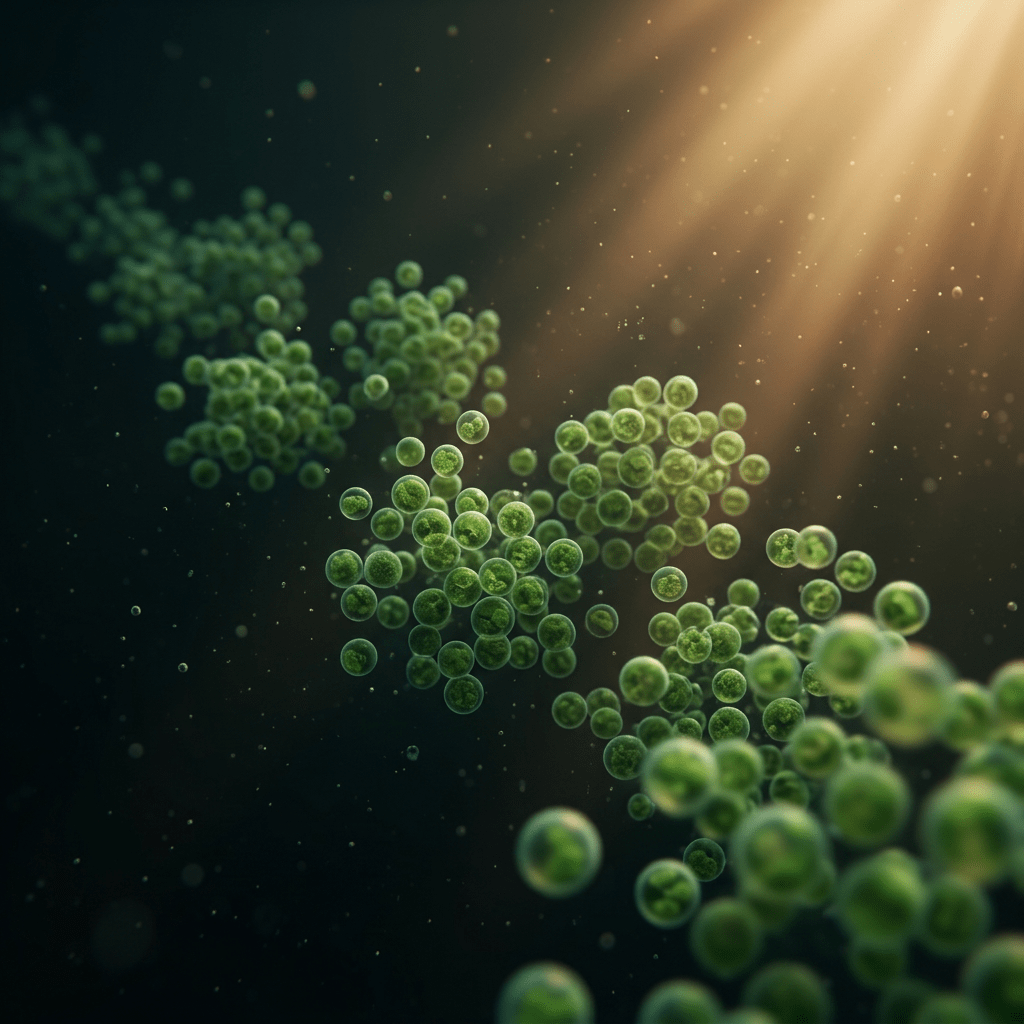 Chlorella cells drifting through a moody aquatic scene