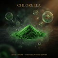 Chlorella editorial image with gold serif text