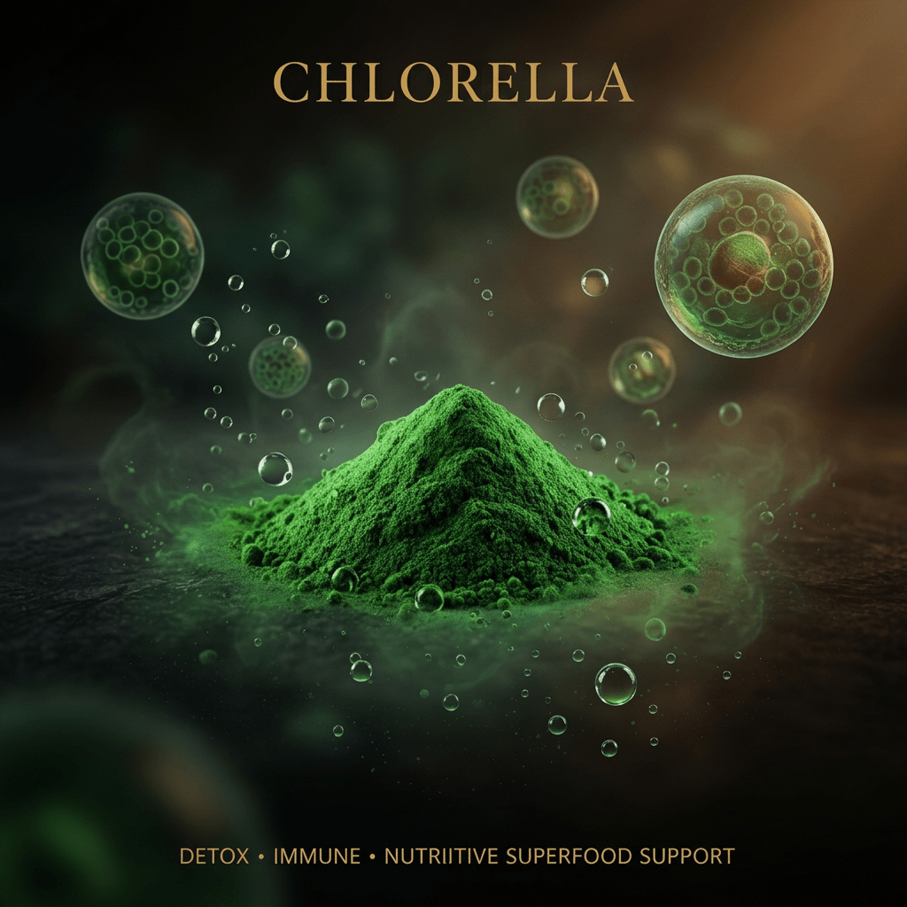 Chlorella editorial image with gold serif text