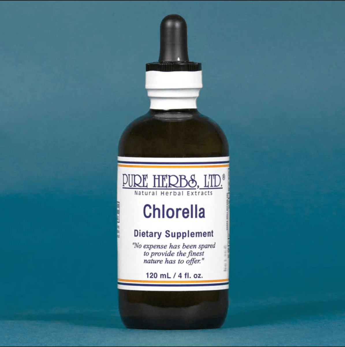 A 120 mL amber glass dropper bottle of Pure Herbs, Ltd. Chlorella dietary supplement, featuring a white label with blue text and a black dropper cap, set against a solid teal-blue background.